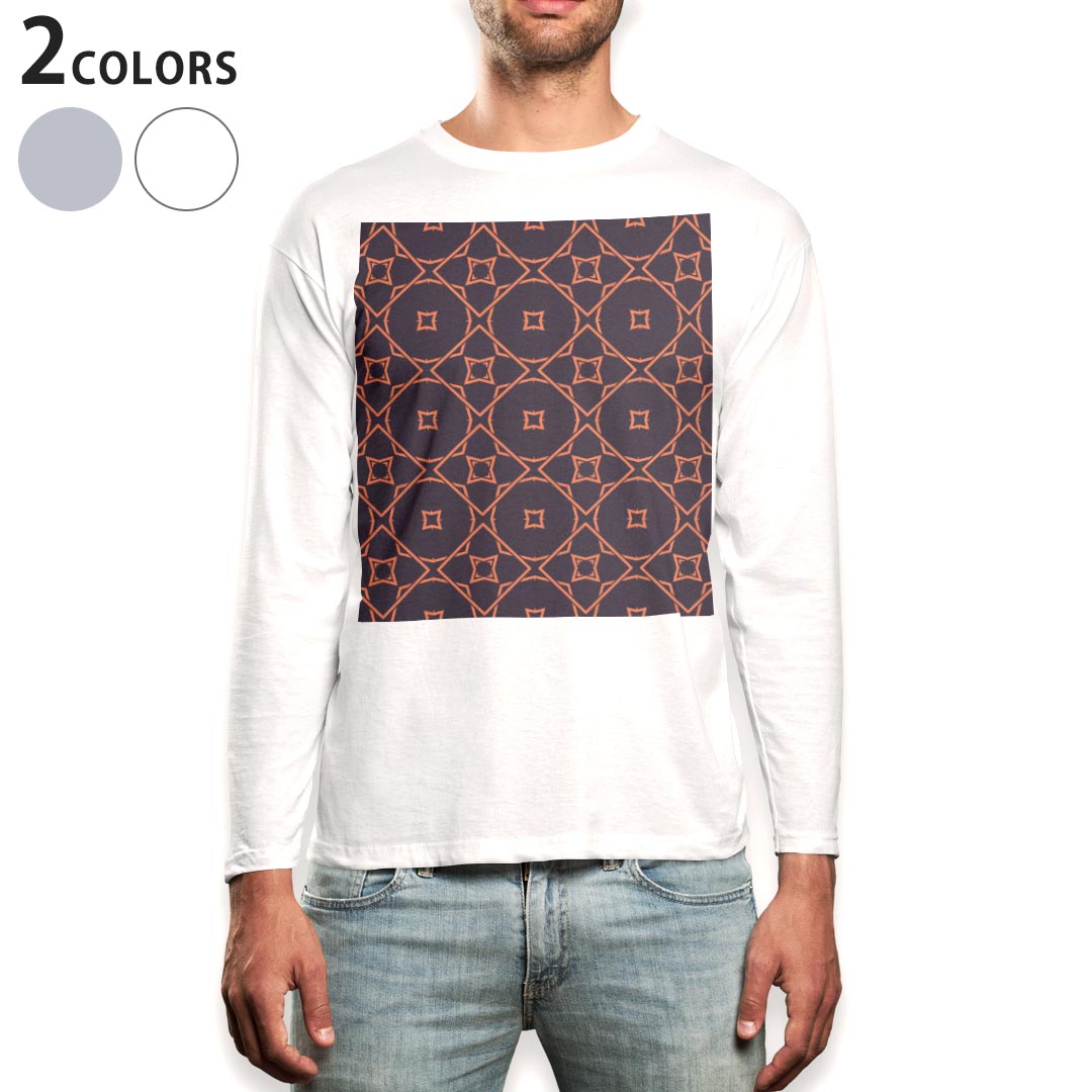 Long-Sleeved - ロング tシャツ メンズ 長袖 ホワイト グレー デザイン XS S M L XL 2XL Tシャツ ティーシャツ T shirt long sleeve 011840 模様　オレンジ　和柄