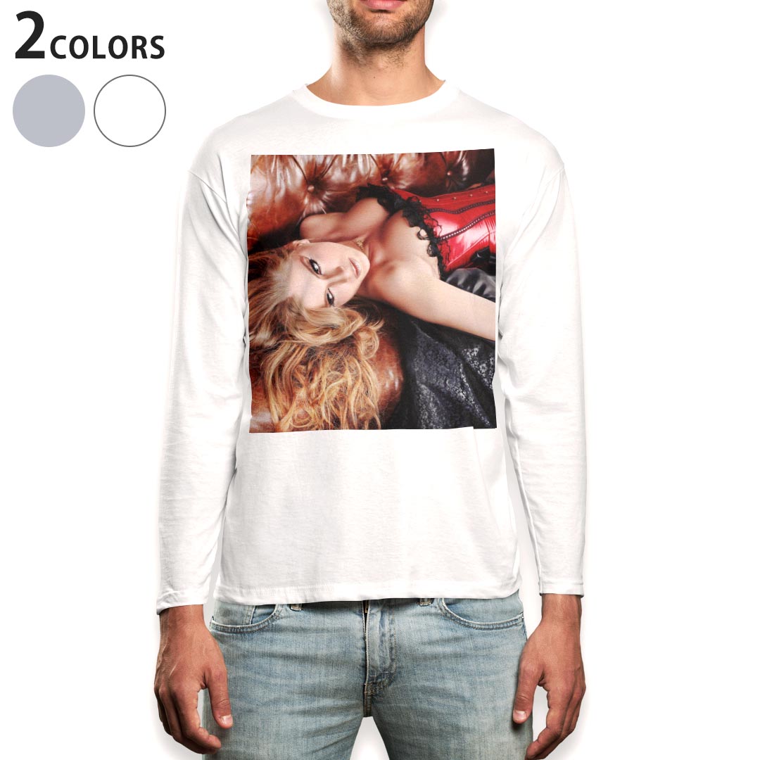 Long-Sleeved - ロング tシャツ メンズ 長袖 ホワイト グレー デザイン XS S M L XL 2XL Tシャツ ティーシャツ T shirt long sleeve 011896 女性　　写真