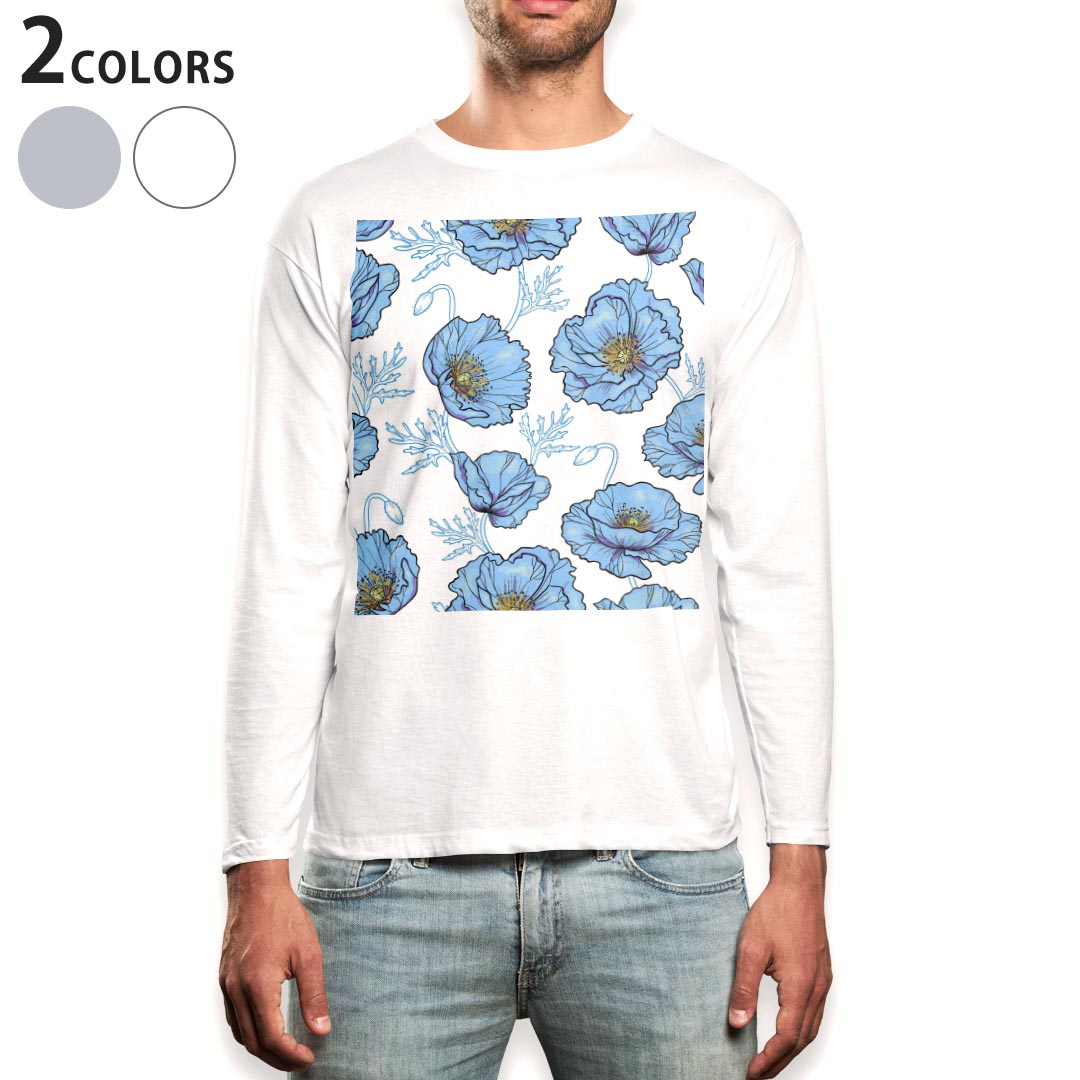 T-Shirts - ロング tシャツ メンズ 長袖 ホワイト グレー デザイン XS S M L XL 2XL Tシャツ ティーシャツ T shirt long sleeve 011996 花　花柄　水色
