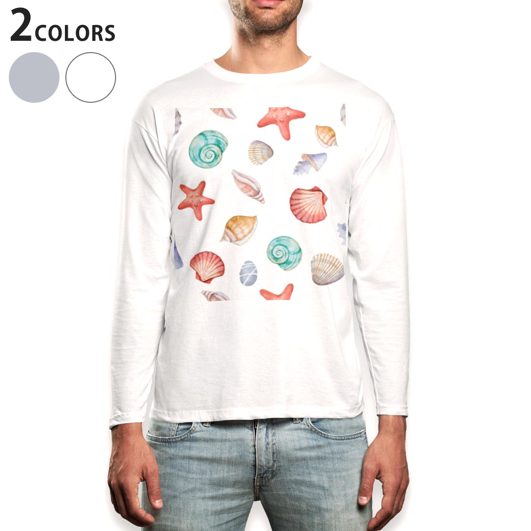 Rakuten - ロング tシャツ メンズ 長袖 ホワイト グレー デザイン XS S M L XL 2XL Tシャツ ティーシャツ T shirt long sleeve 012047 貝　ヒトデ　ビーチ