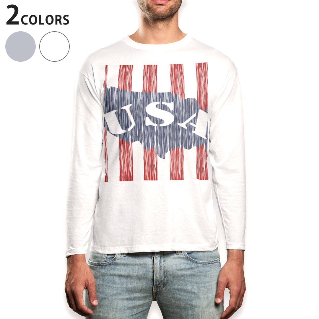 Long-Sleeved - ロング tシャツ メンズ 長袖 ホワイト グレー デザイン XS S M L XL 2XL Tシャツ ティーシャツ T shirt long sleeve 012363 アメリカ　ストライプ　ロゴ