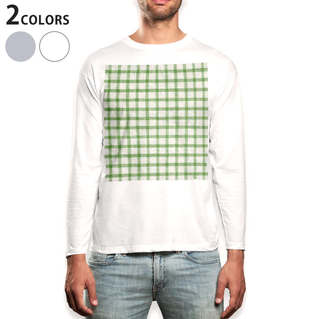 乐天商城 - ロング tシャツ メンズ 長袖 ホワイト グレー デザイン XS S M L XL 2XL Tシャツ ティーシャツ T shirt long sleeve 012379 緑　チェック　白