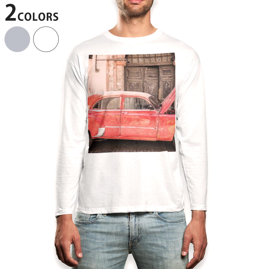 ロング tシャツ メンズ 長袖 ホワイト グレー デザイン XS S M L XL 2XL Tシャツ ティーシャツ T shirt long sleeve 012800 車 レトロ アンティーク