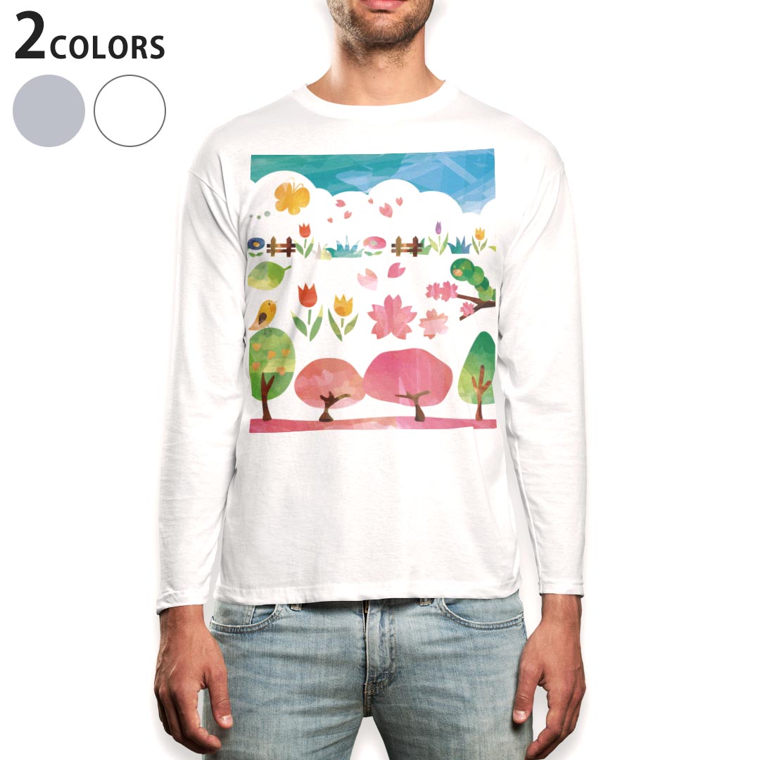 ロング tシャツ メンズ 長袖 ホワイト グレー デザイン XS S M L XL 2XL Tシャツ ティーシャツ T shirt long sleeve 012990 木 鳥 虫