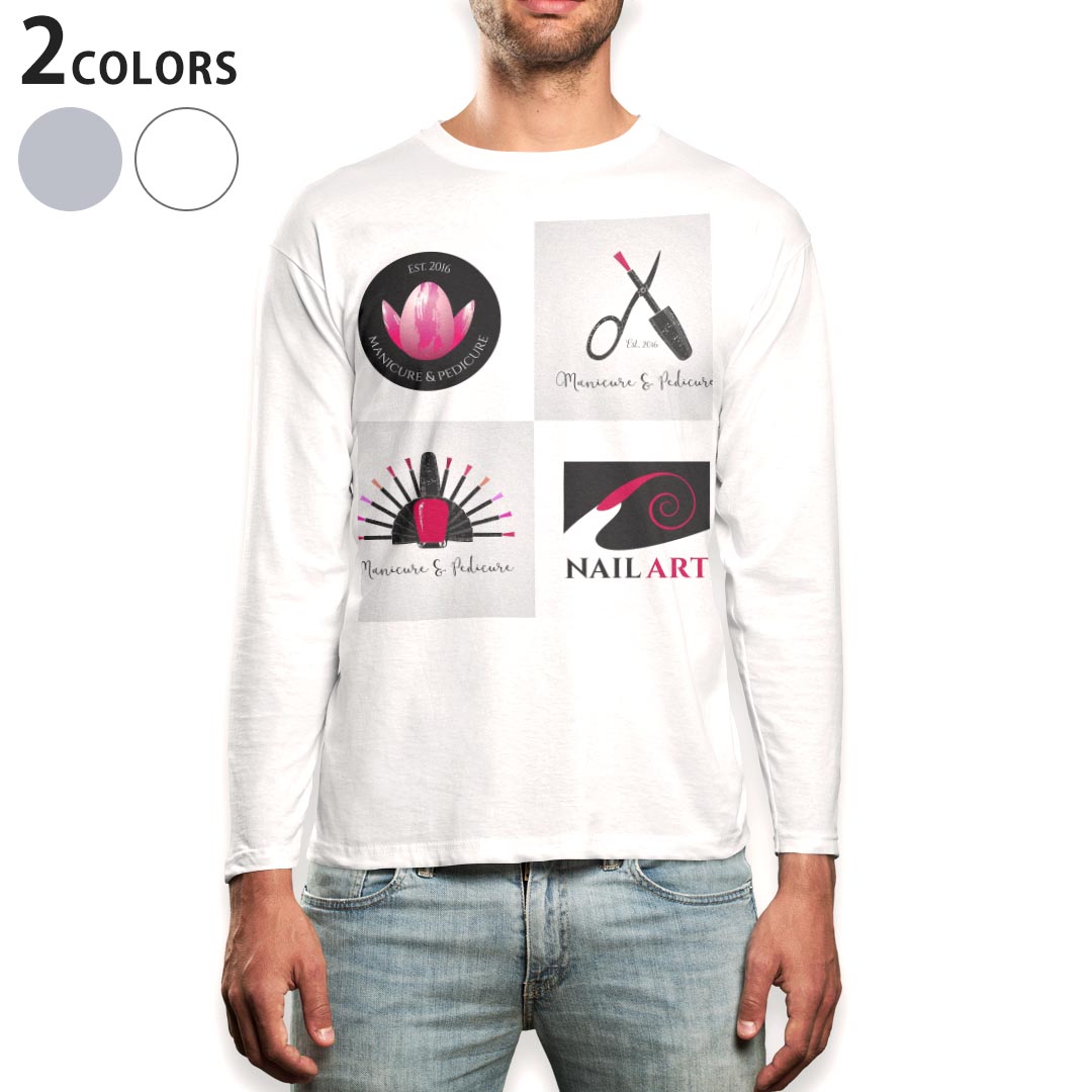 ロング tシャツ メンズ 長袖 ホワイト グレー デザイン XS S M L XL 2XL Tシャツ ティーシャツ T shirt long sleeve 013254 ネイル メイク ピンク