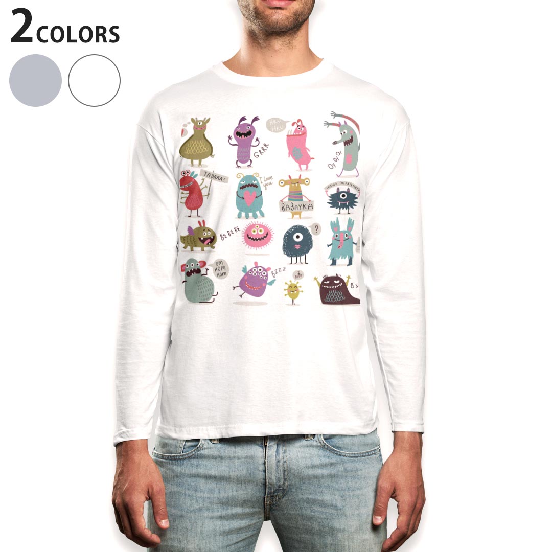 ロング tシャツ メンズ 長袖 ホワイト グレー デザイン XS S M L XL 2XL Tシャツ ティーシャツ T shirt long sleeve 013257 おばけ モンスター イラスト