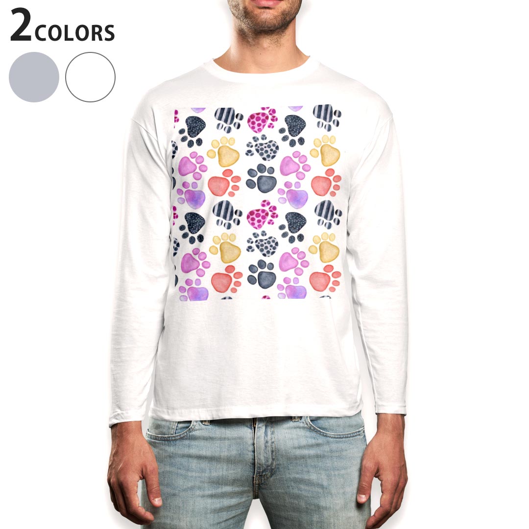 拉链 - ロング tシャツ メンズ 長袖 ホワイト グレー デザイン XS S M L XL 2XL Tシャツ ティーシャツ T shirt long sleeve 013497 犬　足跡　動物