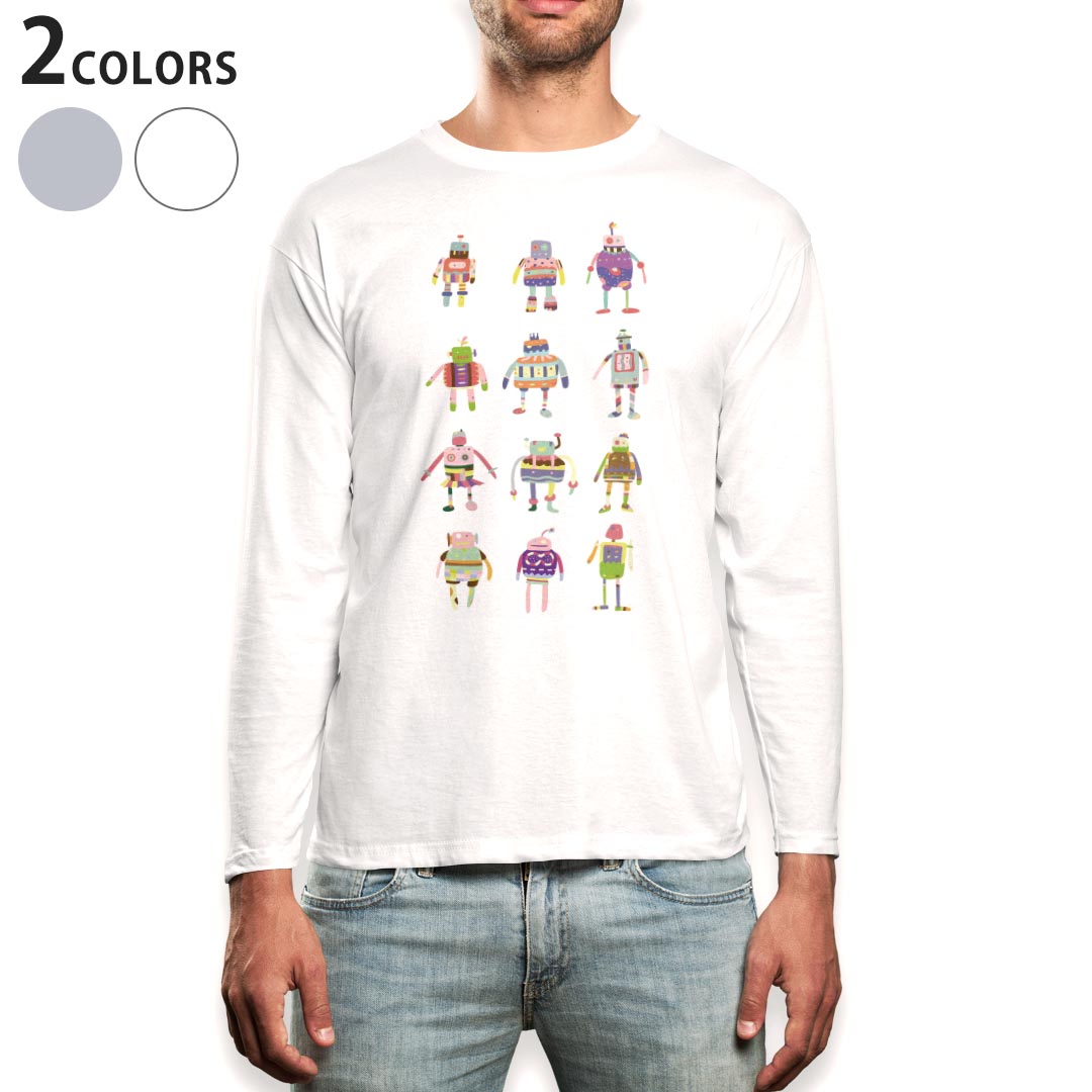 ロング tシャツ メンズ 長袖 ホワイト グレー デザイン XS S M L XL 2XL Tシャツ ティーシャツ T shirt long sleeve 013509 ロボット　..
