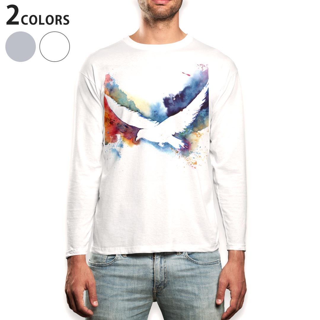 ロング tシャツ メンズ 長袖 ホワイト グレー デザイン XS S M L XL 2XL Tシャツ ティーシャツ T shirt long sleeve 013827 ペイント 鳥 水彩