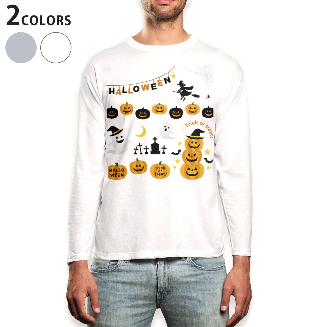 乐天商城 - ロング tシャツ メンズ 長袖 ホワイト グレー デザイン XS S M L XL 2XL Tシャツ ティーシャツ T shirt long sleeve 013845 ハロウィン　かぼちゃ　おばけ
