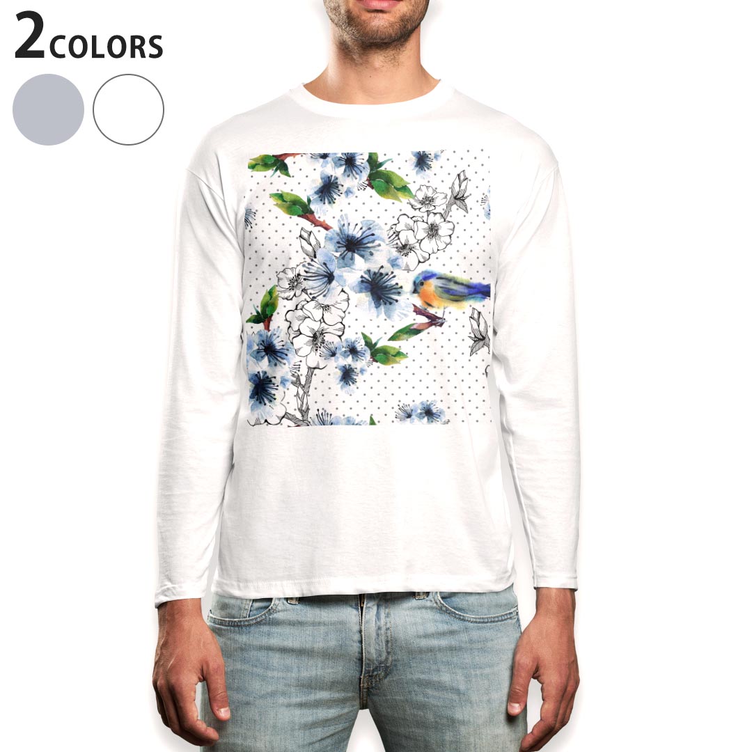 ロング tシャツ メンズ 長袖 ホワイト グレー デザイン XS S M L XL 2XL Tシャツ ティーシャツ T shirt long sleeve 014021 花 フラワー 鳥