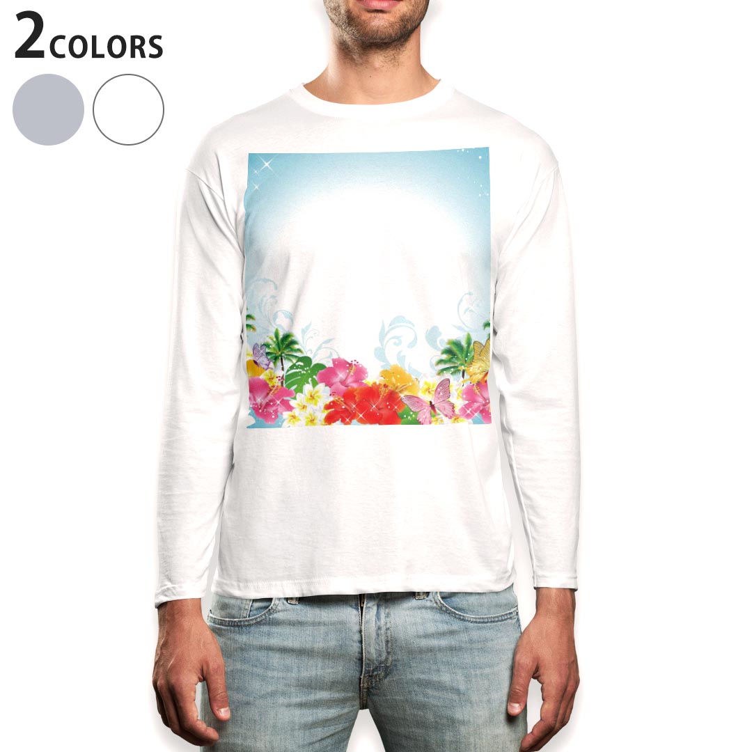 Crew Neck - ロング tシャツ メンズ 長袖 ホワイト グレー デザイン XS S M L XL 2XL Tシャツ ティーシャツ T shirt long sleeve 014077 トロピカル　ハイビスカス　ヤシの木