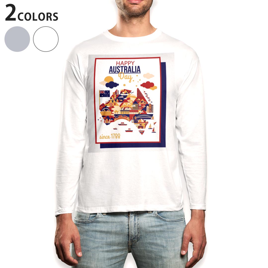 Long-Sleeved - ロング tシャツ メンズ 長袖 ホワイト グレー デザイン XS S M L XL 2XL Tシャツ ティーシャツ T shirt long sleeve 014132 オーストラリア　風景
