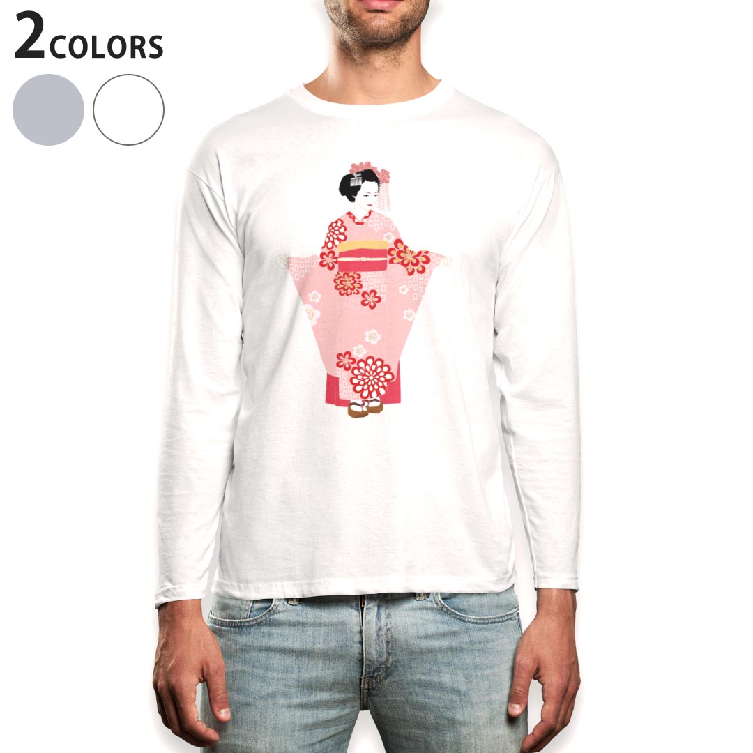 ロング tシャツ メンズ 長袖 ホワイト グレー デザイン XS S M L XL 2XL Tシャツ ティーシャツ T shirt long sleeve 014444 着物 舞妓 花