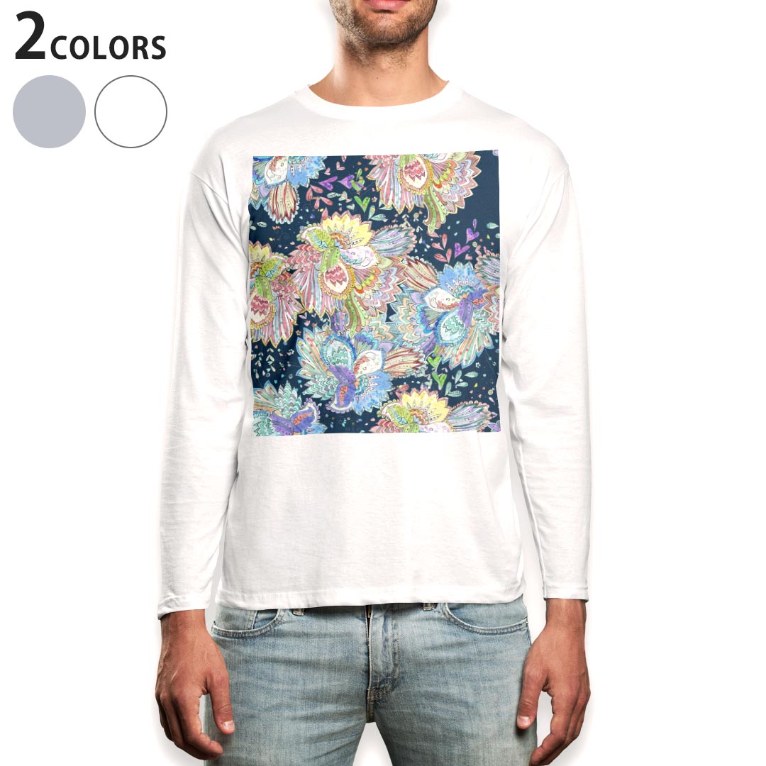 圓領 - ロング tシャツ メンズ 長袖 ホワイト グレー デザイン XS S M L XL 2XL Tシャツ ティーシャツ T shirt long sleeve 014464 植物　アジアン　カラフル