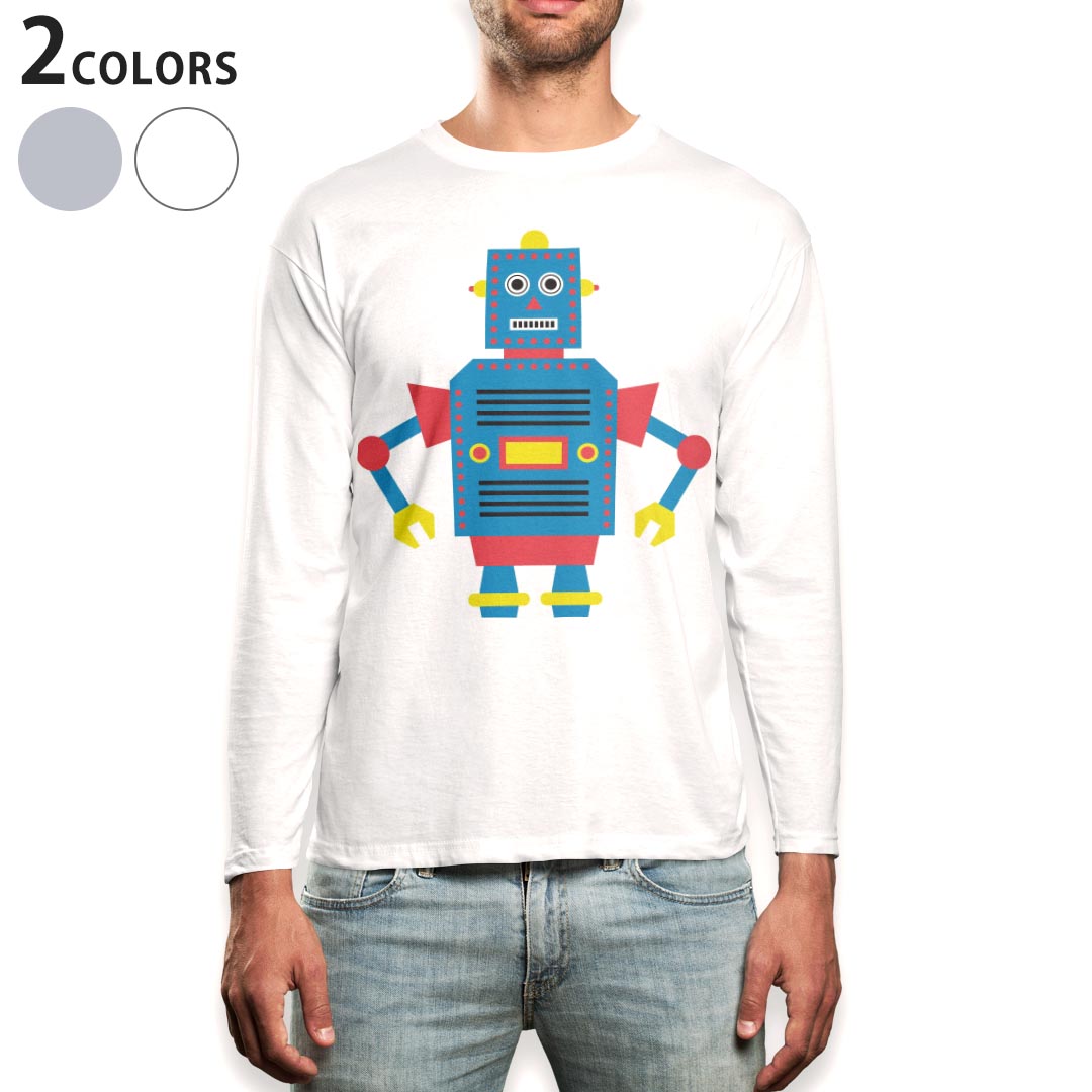ロング tシャツ メンズ 長袖 ホワイト グレー デザイン XS S M L XL 2XL Tシャツ ティーシャツ T shirt long sleeve 014568 ロボット キャラクター