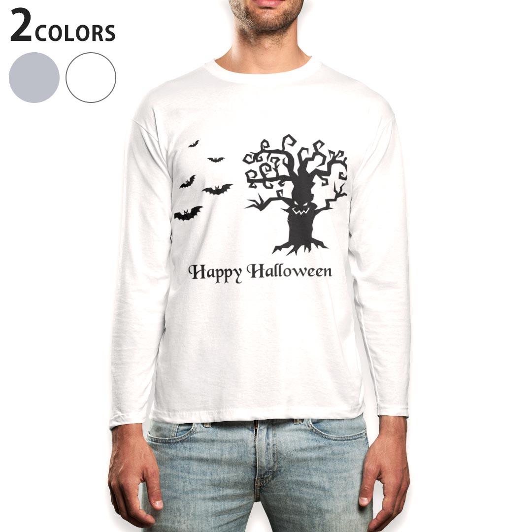 長袖 - ロング tシャツ メンズ 長袖 ホワイト グレー デザイン XS S M L XL 2XL Tシャツ ティーシャツ T shirt long sleeve 014708 ハロウィン　コウモリ