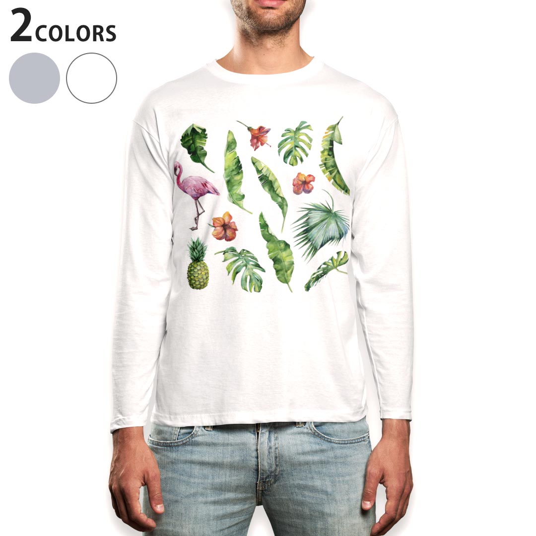 Other - ロング tシャツ メンズ 長袖 ホワイト グレー デザイン XS S M L XL 2XL Tシャツ ティーシャツ T shirt long sleeve 014789 フラミンゴ　パイナップル　南国