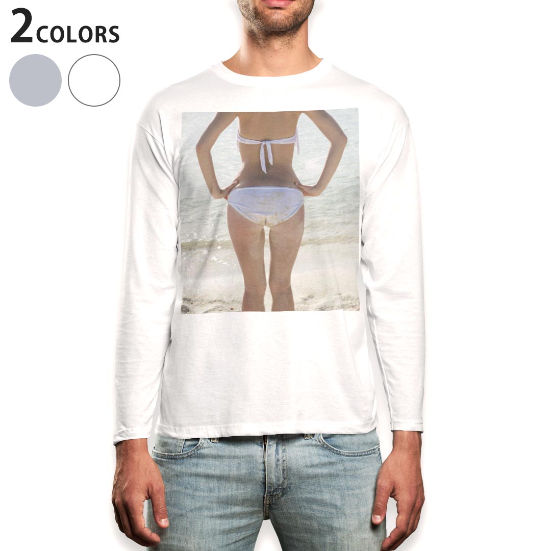 ロング tシャツ メンズ 長袖 ホワイト グレー デザイン XS S M L XL 2XL Tシャツ ティーシャツ T shirt long sleeve 014834 女の子 おしゃれ 海 海岸 水着