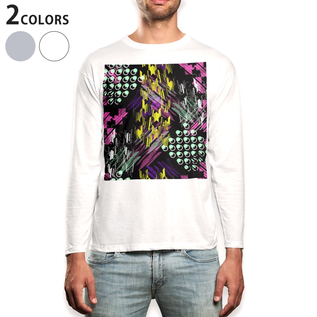 ロング tシャツ メンズ 長袖 ホワイト グレー デザイン XS S M L XL 2XL Tシャツ ティーシャツ T shirt long sleeve 014846 デザイン カラフル 千鳥柄