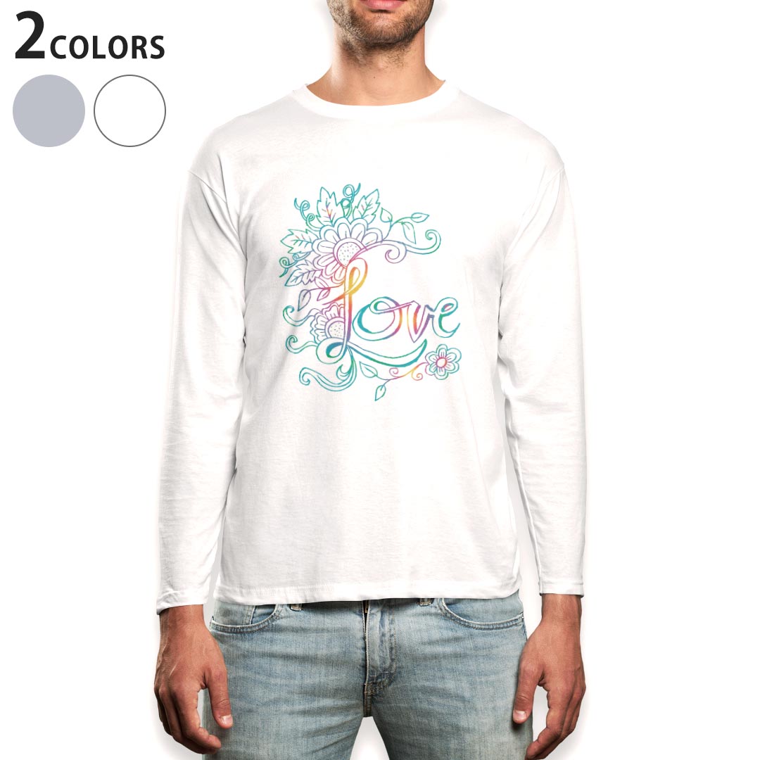 Henry Neck - ロング tシャツ メンズ 長袖 ホワイト グレー デザイン XS S M L XL 2XL Tシャツ ティーシャツ T shirt long sleeve 014847 LOVE　カラフル　レイボー