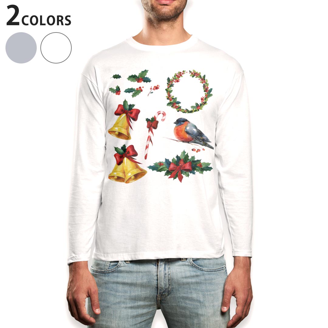 頸龜 - ロング tシャツ メンズ 長袖 ホワイト グレー デザイン XS S M L XL 2XL Tシャツ ティーシャツ T shirt long sleeve 014889 ベル　クリスマス　イラスト