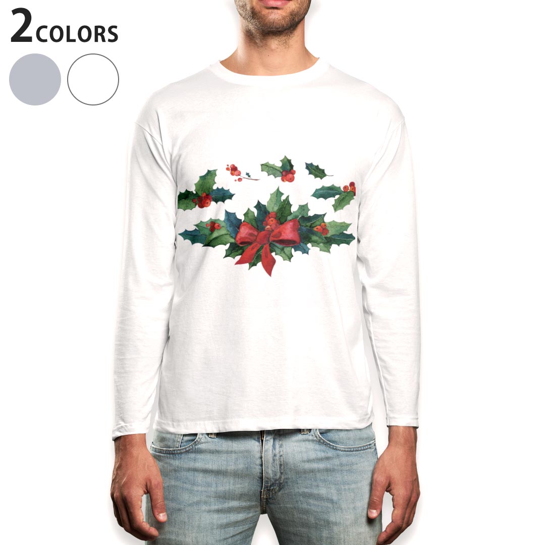 ロング tシャツ メンズ 長袖 ホワイト グレー デザイン XS S M L XL 2XL Tシャツ ティーシャツ T shirt long sleeve 014890 ヒイラギ 柊 クリスマス