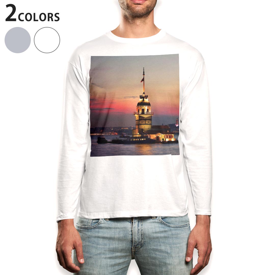 Long-Sleeved - ロング tシャツ メンズ 長袖 ホワイト グレー デザイン XS S M L XL 2XL Tシャツ ティーシャツ T shirt long sleeve 014908 景色　夜景　建物