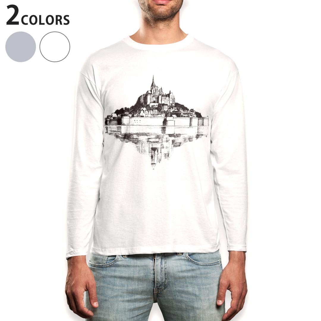 V-Neck - ロング tシャツ メンズ 長袖 ホワイト グレー デザイン XS S M L XL 2XL Tシャツ ティーシャツ T shirt long sleeve 015276 城　絵画　風景
