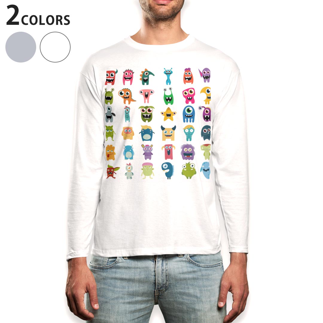 ロング tシャツ メンズ 長袖 ホワイト グレー デザイン XS S M L XL 2XL Tシャツ ティーシャツ T shirt long sleeve 015382 かわいい 妖怪 カラフル モンスター