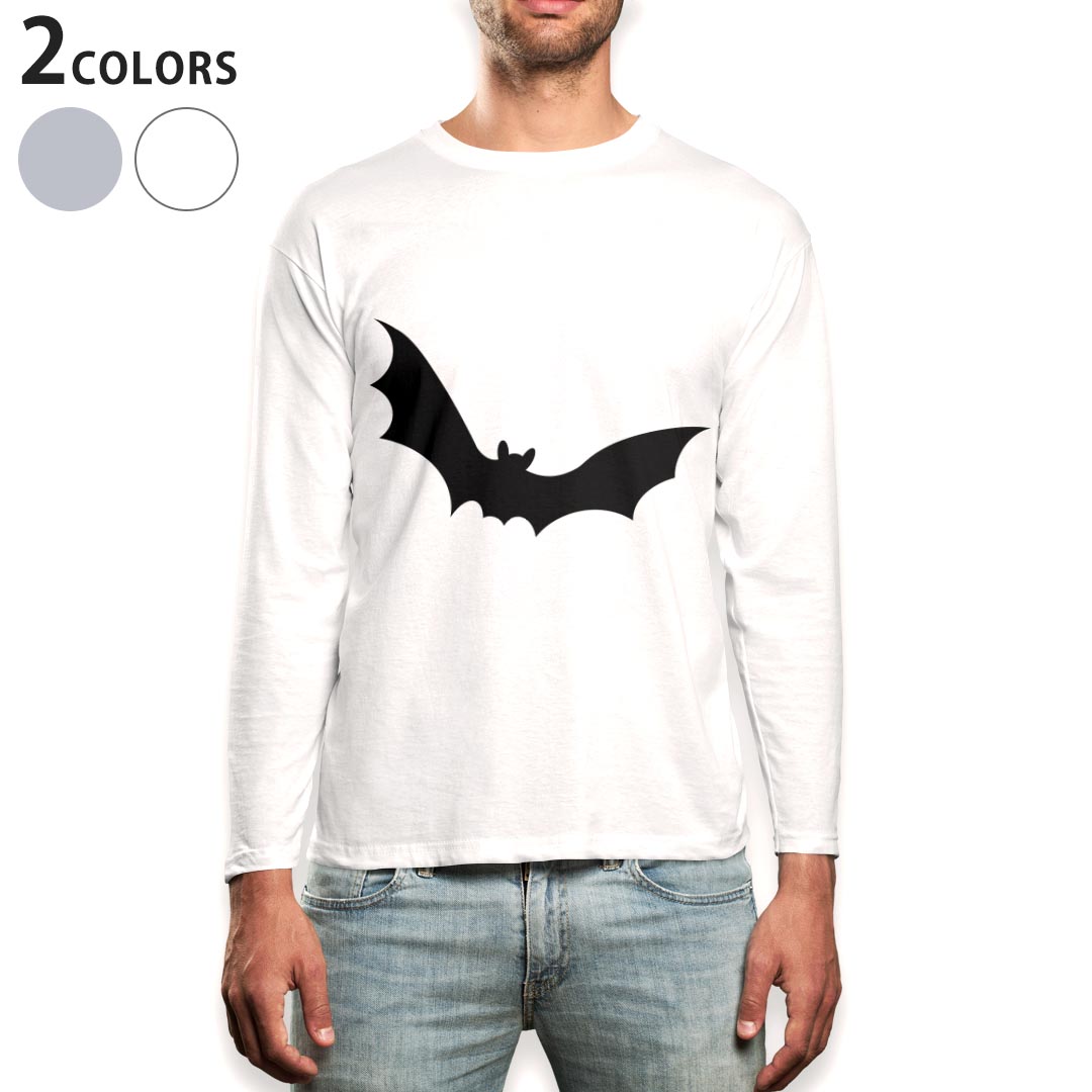 ロング tシャツ メンズ 長袖 ホワイト グレー デザイン XS S M L XL 2XL Tシャツ ティーシャツ T shirt long sleeve 015422 ハロウィン コウモリ モノクロ