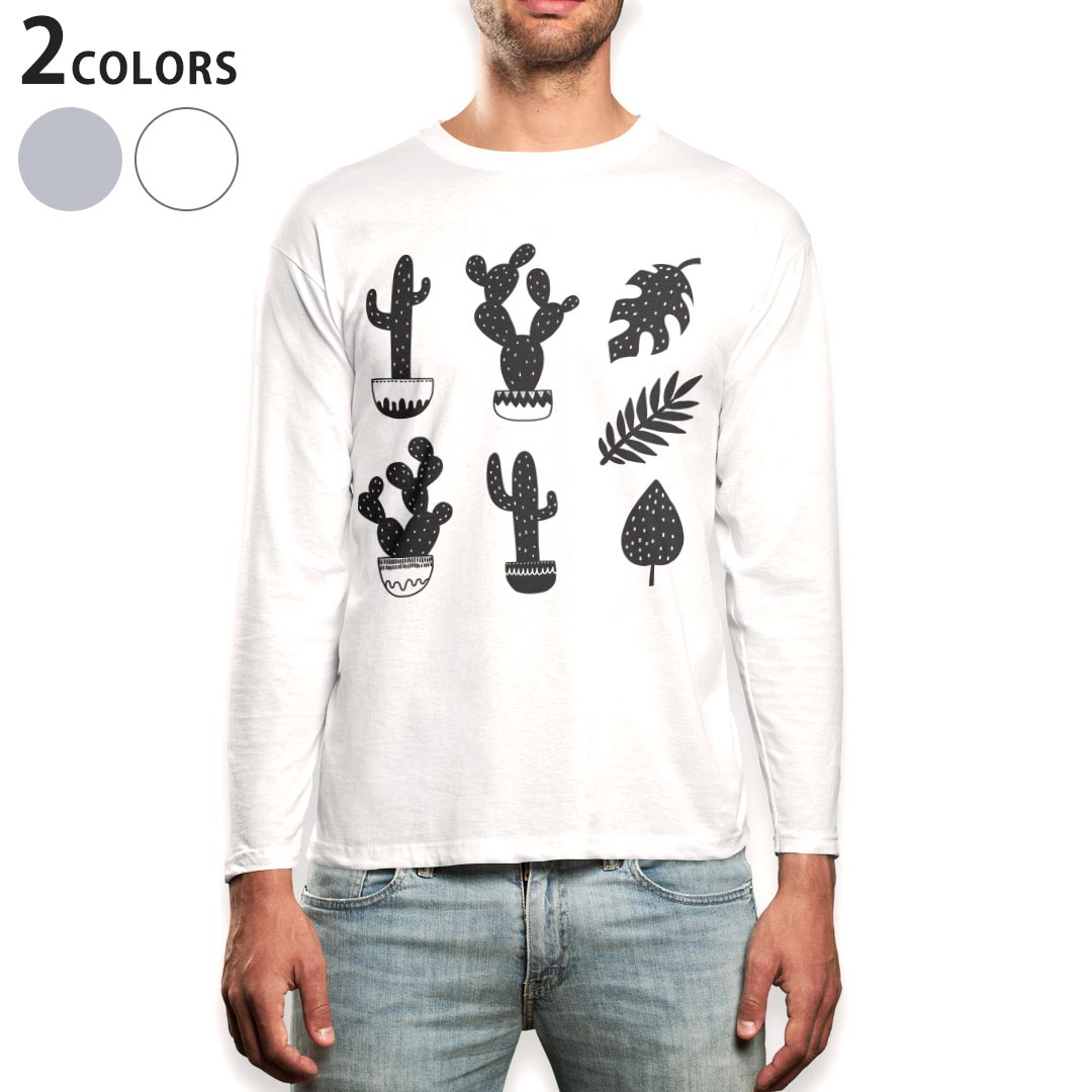 乐天商城 - ロング tシャツ メンズ 長袖 ホワイト グレー デザイン XS S M L XL 2XL Tシャツ ティーシャツ T shirt long sleeve 015722 木　植物　モノクロ　サボテン