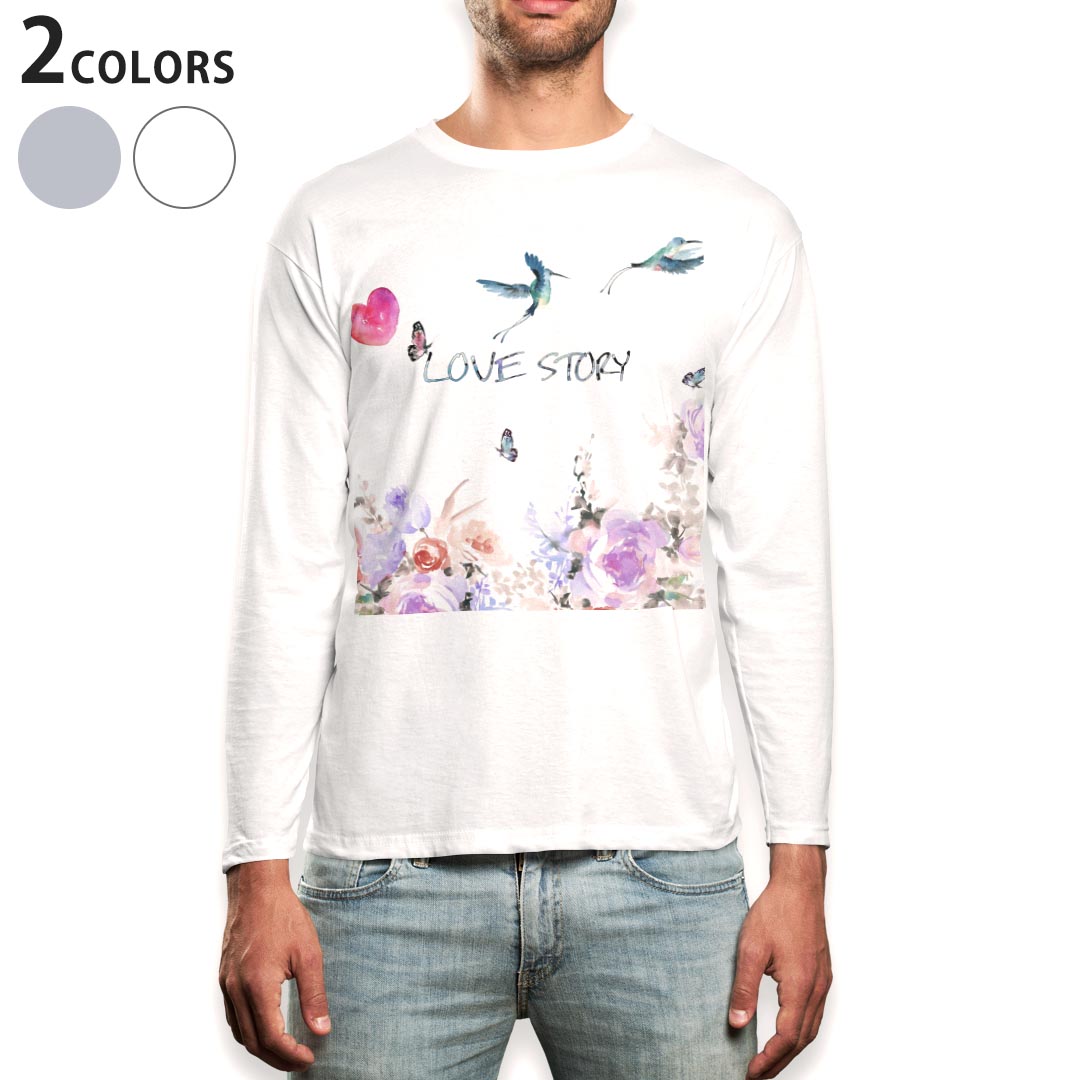 ロング tシャツ メンズ 長袖 ホワイト グレー デザイン XS S M L XL 2XL Tシャツ ティーシャツ T shirt long sleeve 015971 春 花 鳥