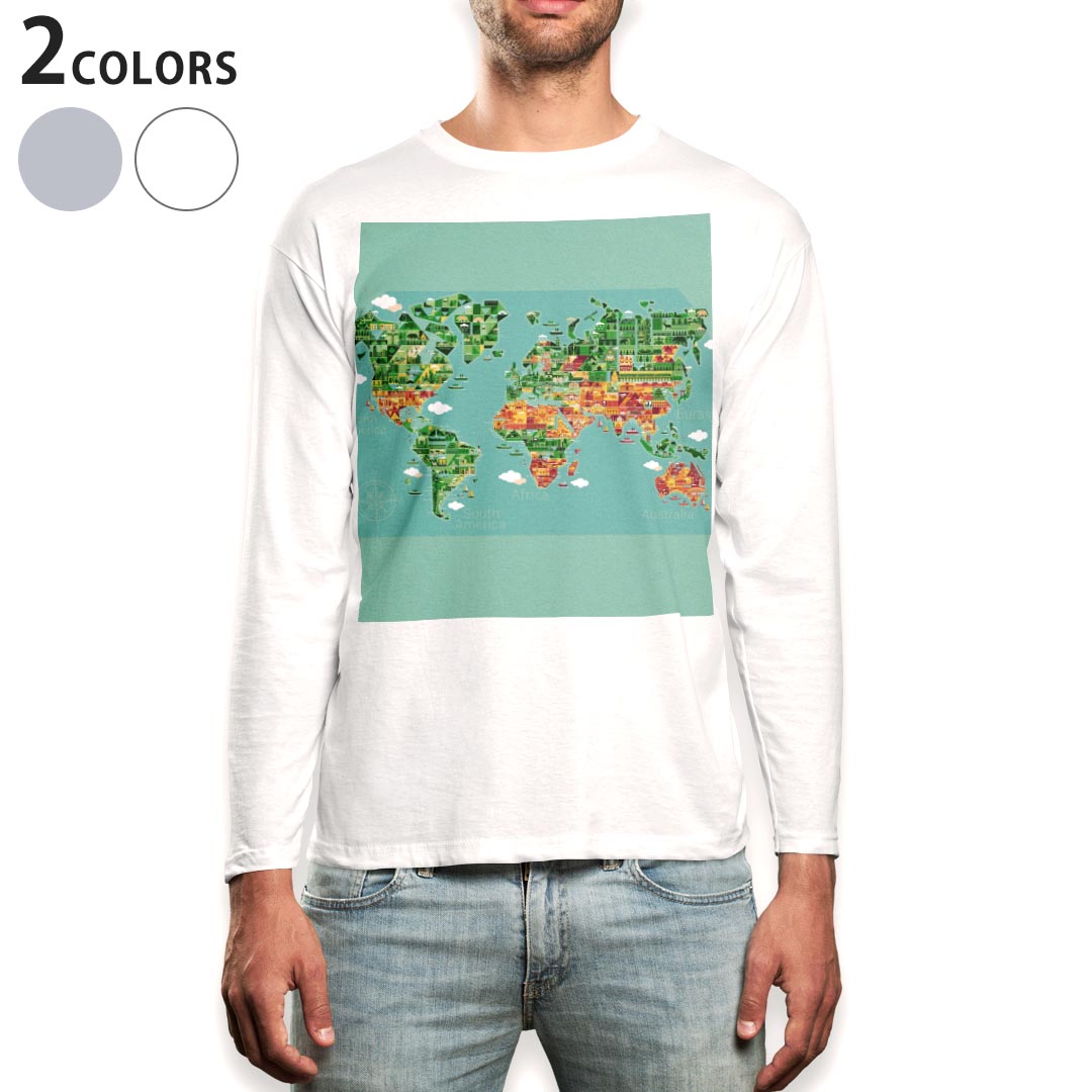 其它 - ロング tシャツ メンズ 長袖 ホワイト グレー デザイン XS S M L XL 2XL Tシャツ ティーシャツ T shirt long sleeve 016030 世界地図　wordmap　カラフル