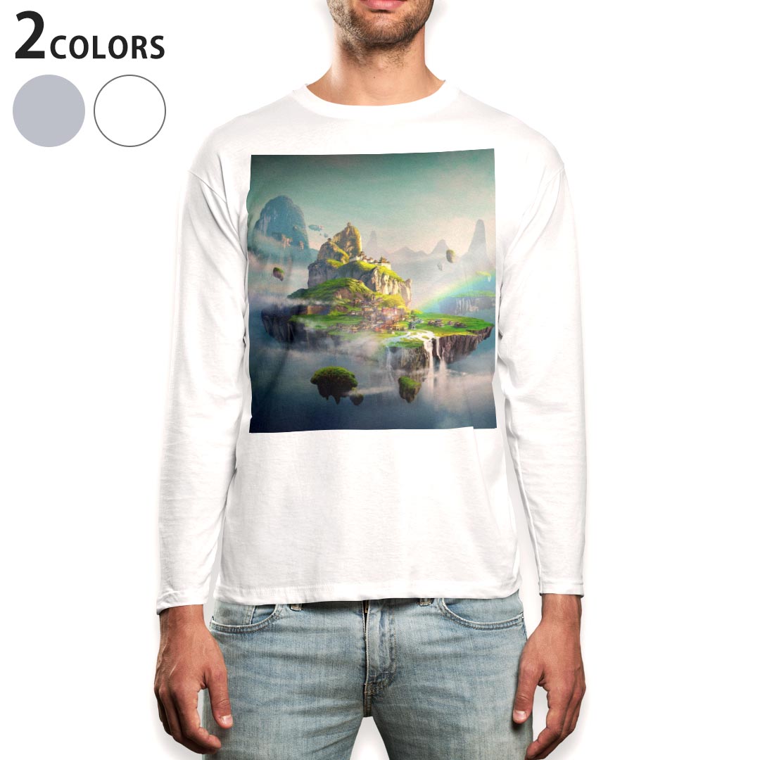 Other - ロング tシャツ メンズ 長袖 ホワイト グレー デザイン XS S M L XL 2XL Tシャツ ティーシャツ T shirt long sleeve 016067 空に浮かぶ島　絵　きれい