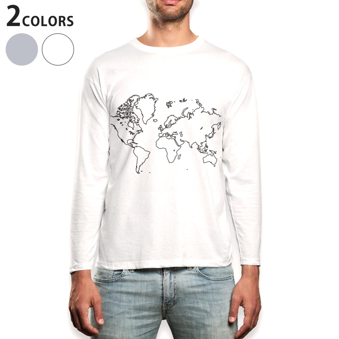 ロング tシャツ メンズ 長袖 ホワイト グレー デザイン XS S M L XL 2XL Tシャツ ティーシャツ T shirt long sleeve 016160 地図　世界地図
