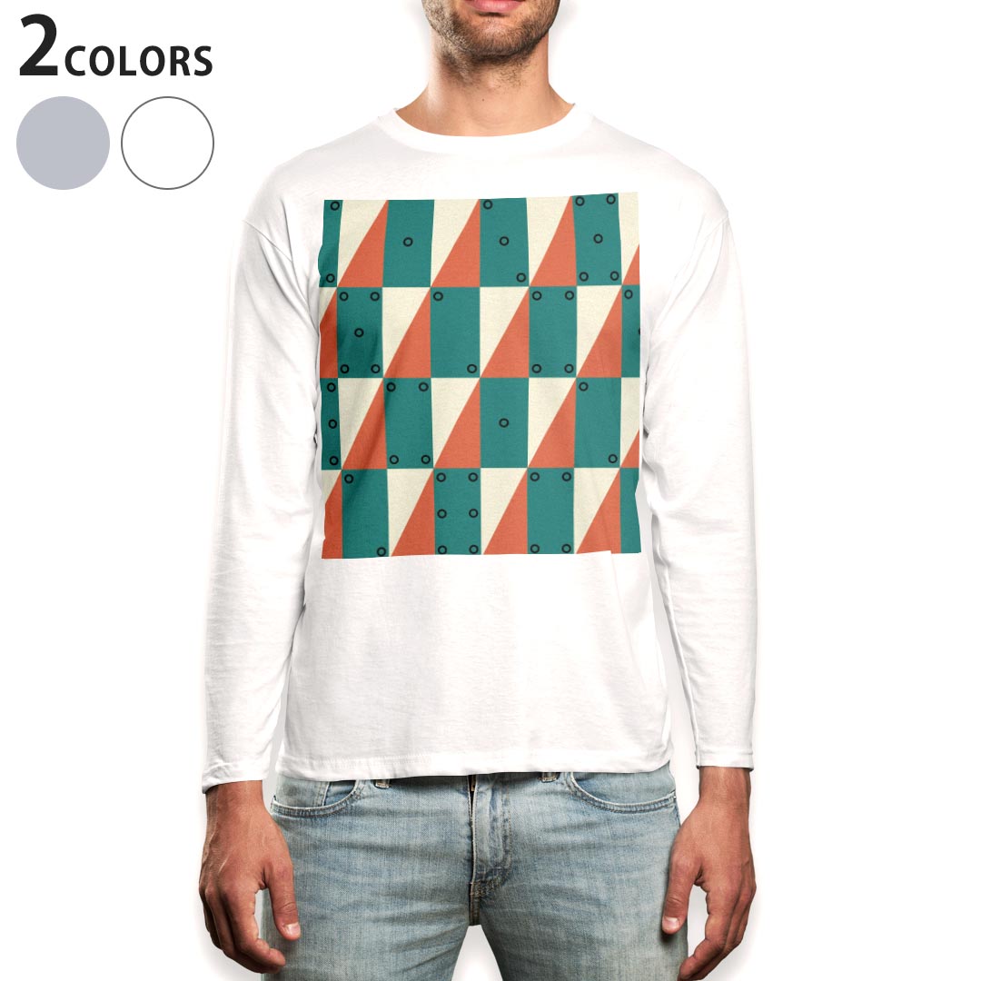 亨利領 - ロング tシャツ メンズ 長袖 ホワイト グレー デザイン XS S M L XL 2XL Tシャツ ティーシャツ T shirt long sleeve 016297 模様　ブロック　カラフル