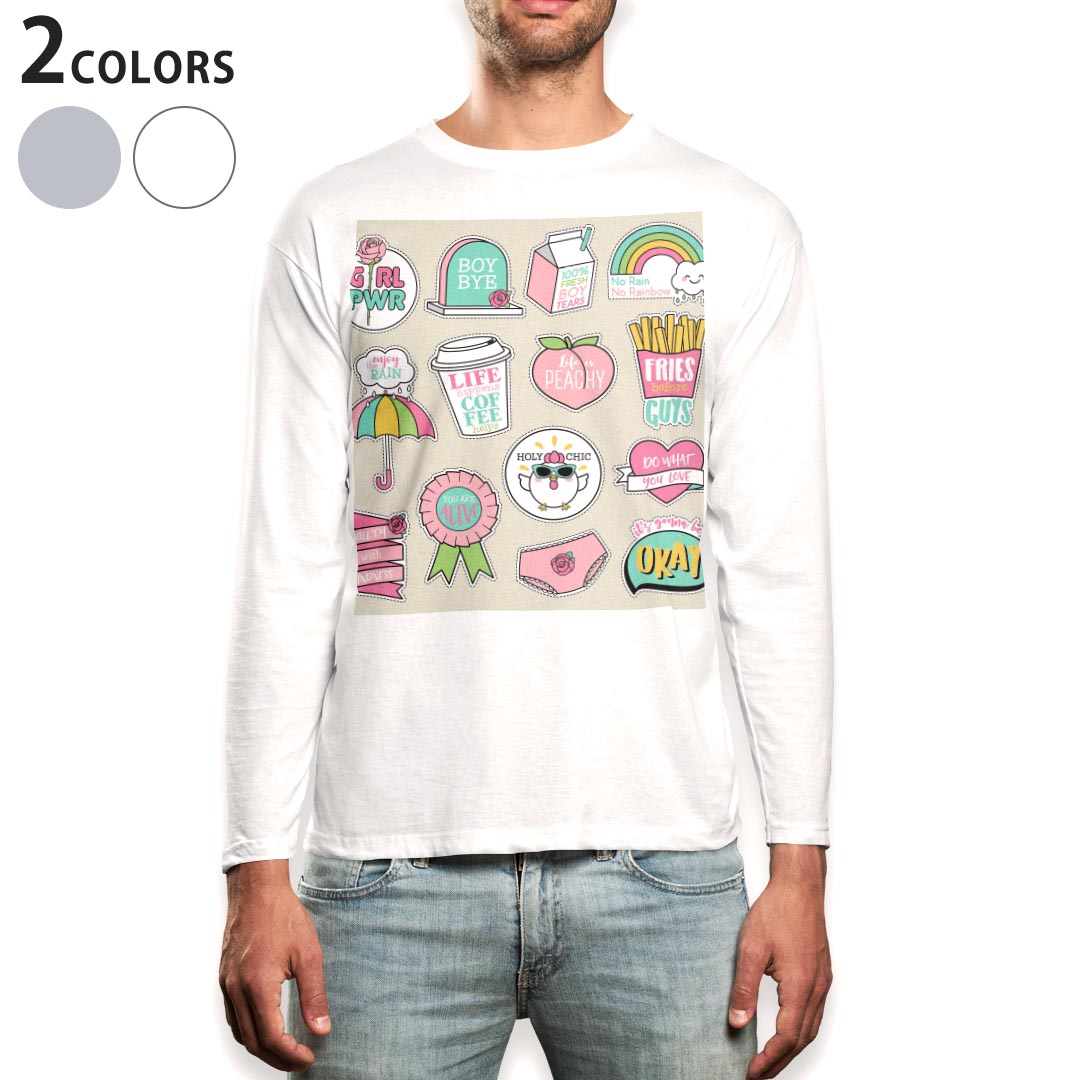 ロング tシャツ メンズ 長袖 ホワイト グレー デザイン XS S M L XL 2XL Tシャツ ティーシャツ T shirt long sleeve 016492 イラスト　かわいい　ポップ