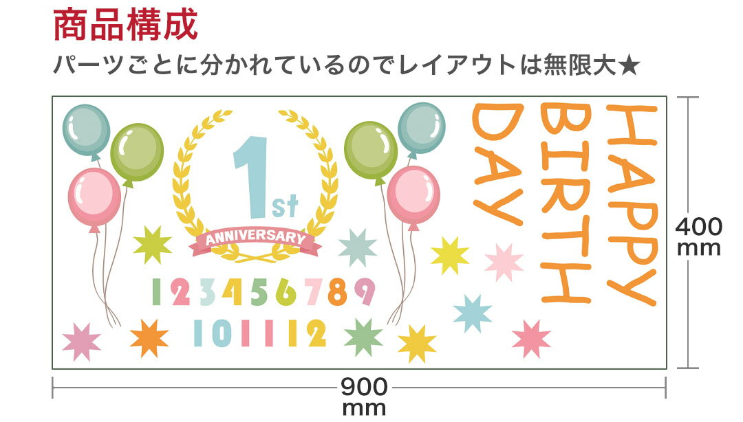 誕生日☆ シール式ウォールステッカー　誕生日 ウォールステッカー 飾り 400×900mm シール式 ケーキ ガーランド ガーラント バースデーパーティ飾り 風船 バルーン 壁紙 はがせる 剥がせる お祝い パーティ DIY Anniversary 015235 2