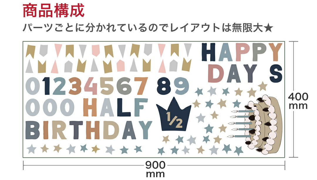 ハーフバースデー☆シール式ウォールステッカー1/2誕生日ウォールステッカー飾り400×900mmシール式ケーキガーランドバースデーパーティ飾り風船バルーン壁紙お祝いパーティDIYAnniversaryおしゃれ暖色ガーランド017145