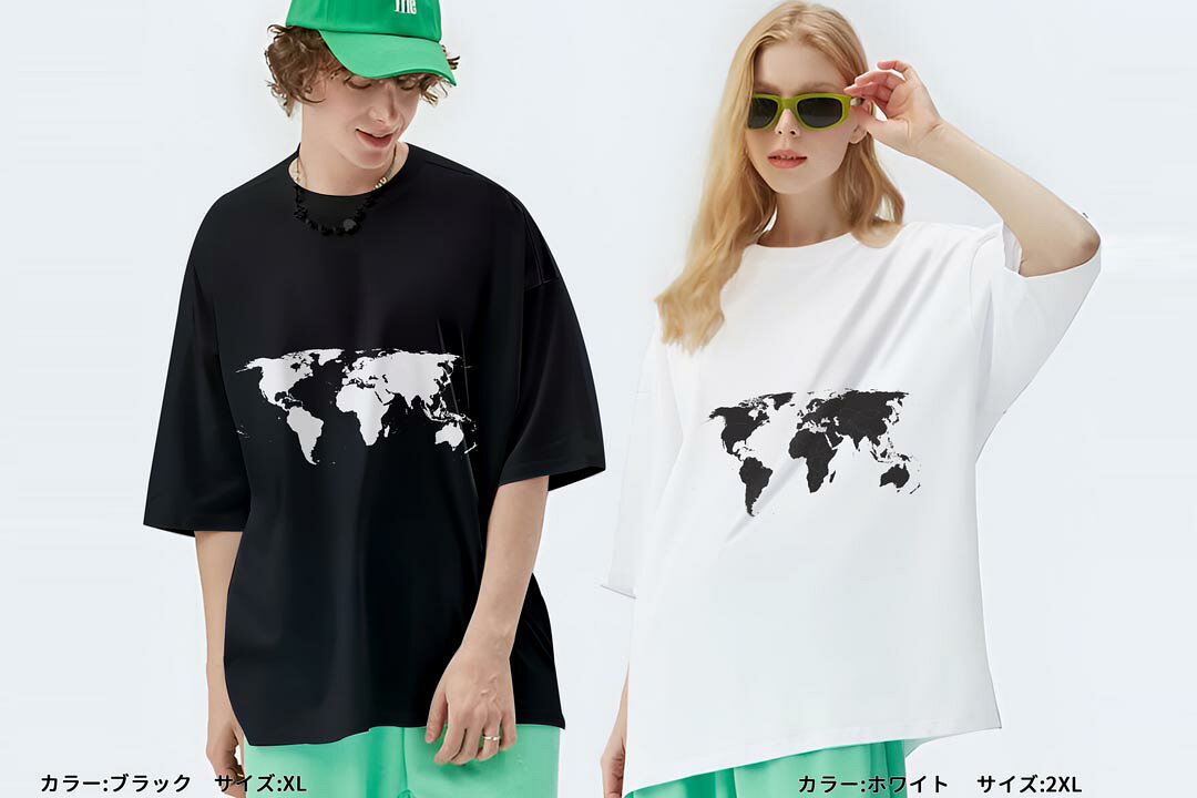 オーバーサイズ Tシャツ メンズ 半袖 ビッグシルエット 大きめ 抜け感 ホワイト グレー デザイン S M L XL 2XL tシャツ ティーシャツ T shirt 世界地図　黒　map　015960 — vista 3