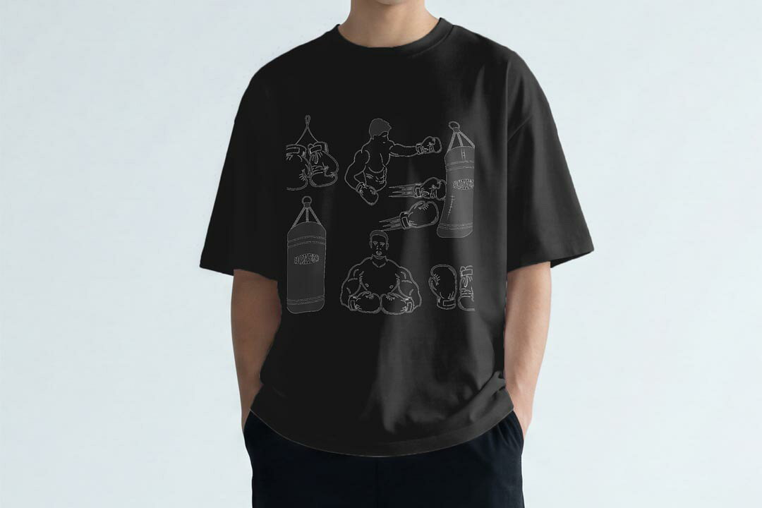 オーバーサイズ Tシャツ メンズ 半袖 ビッグシルエット 大きめ 抜け感 ホワイト グレー デザイン S M L XL 2XL tシャツ ティーシャツ T shirt ボクシング　モノトーン　スポーツ　012979 kabekore-11502271 kabeコレ サンプル画像2