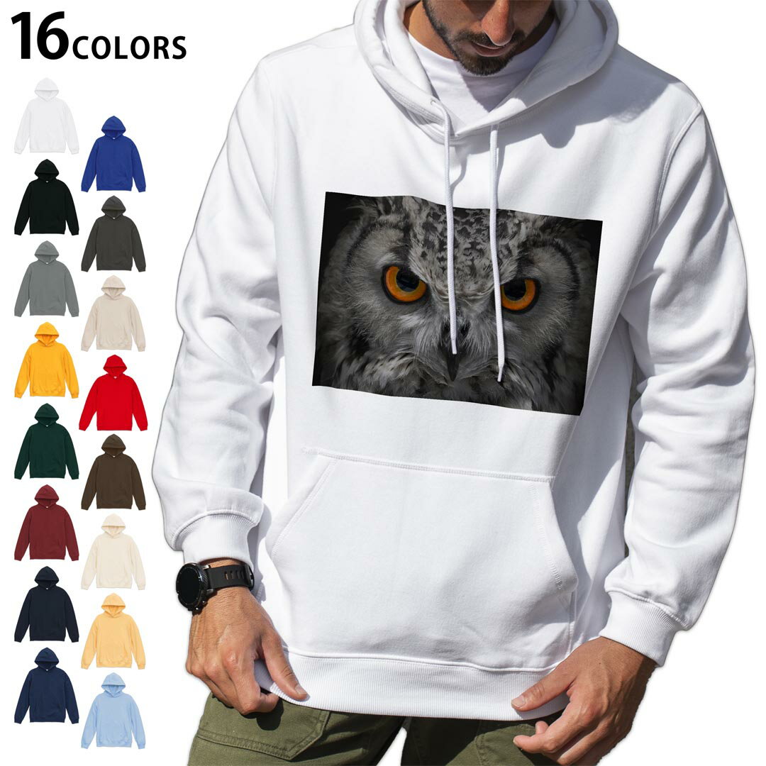 選べる16カラープルオーバー パーカー フーディ メンズ レディース ユニセックス 長袖 デザイン S M L XL 2XL hoodie 007937 写真 フクロウ 黒 ブラック
