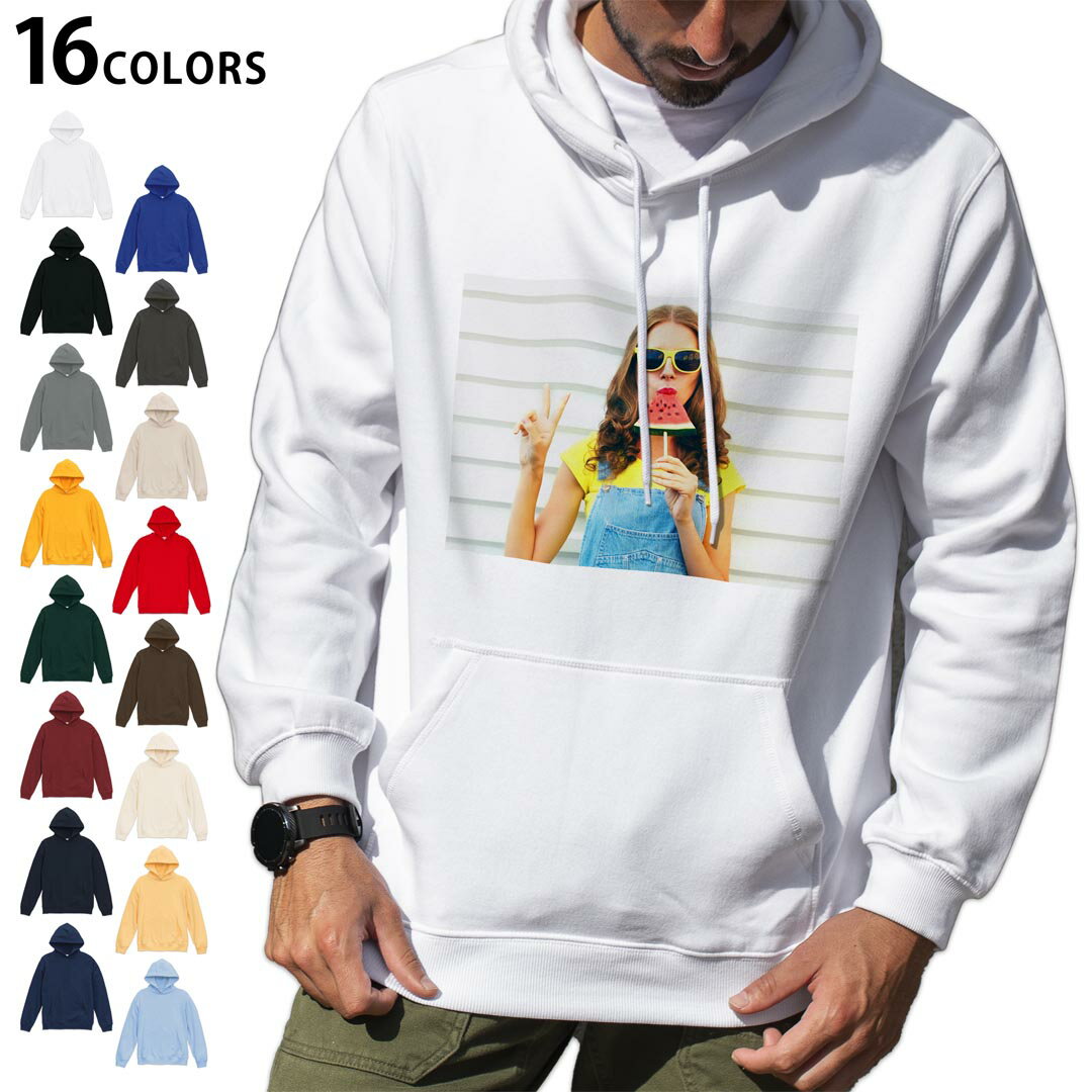 選べる16カラープルオーバー パーカー フーディ メンズ レディース ユニセックス 長袖 デザイン S M L XL 2XL hoodie 014930 夏 外国人 すいか