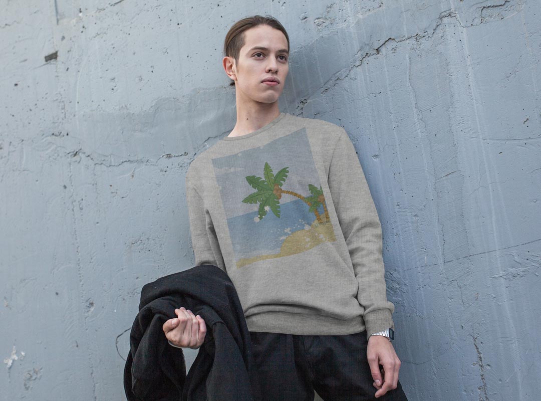 トレーナー メンズ 長袖 ホワイト グレー ブラック デザイン S M L XL 2XL sweatshirt　trainer　白　黒　灰色　スウェット 001413 ヤシの木　海　砂浜