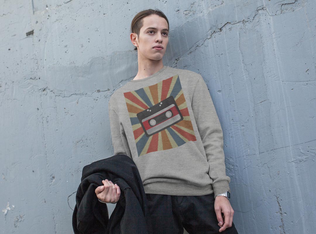 トレーナー メンズ 長袖 ホワイト グレー ブラック デザイン S M L XL 2XL sweatshirt　trainer　白　黒　灰色　スウェット 012967 カセット　音楽　レトロ