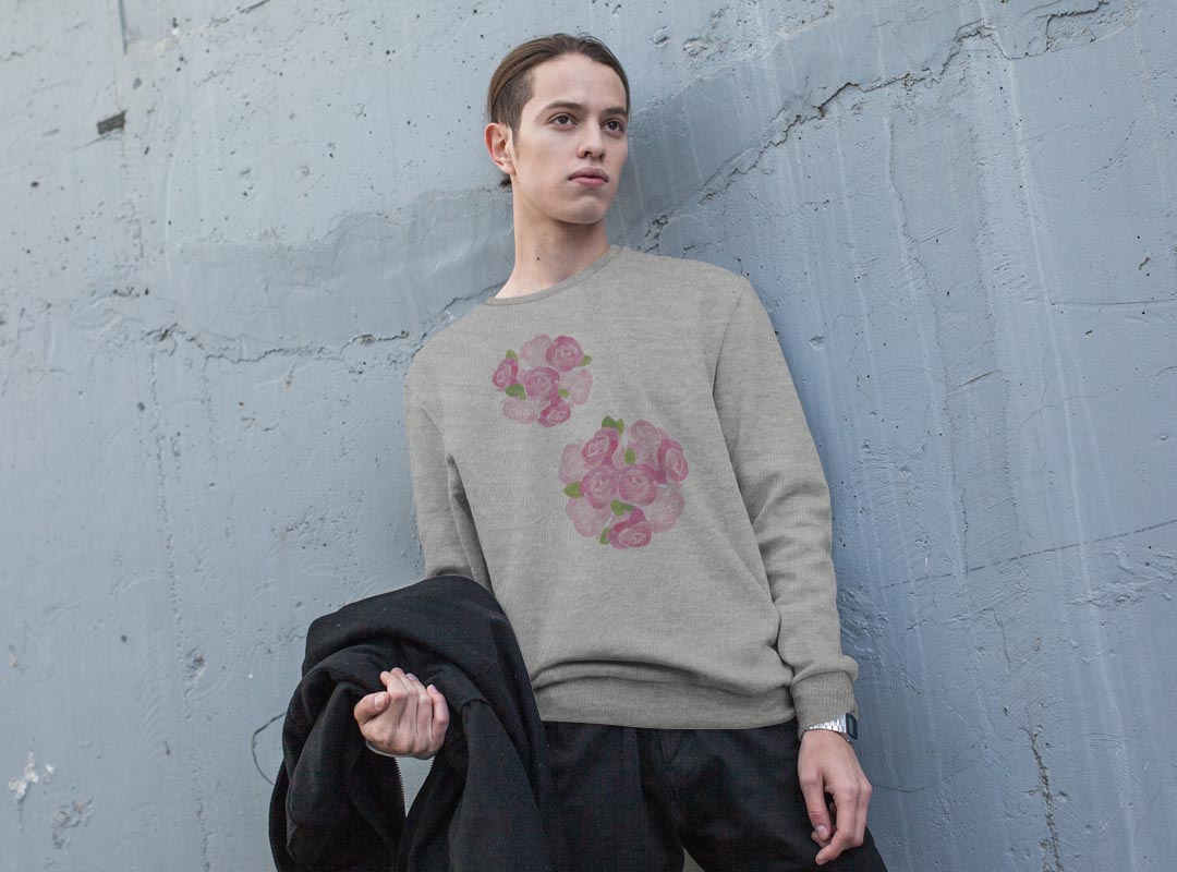 トレーナー メンズ 長袖 ホワイト グレー ブラック デザイン S M L XL 2XL sweatshirt　trainer　白　黒　灰色　スウェット 015399 バラ　花　ピンク