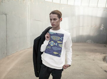 トレーナー メンズ 長袖 ホワイト グレー ブラック デザイン XS S M L XL 2XL sweatshirt　trainer　白　黒　灰色　裏起毛　スウェット 010782 魚　シルエット　青