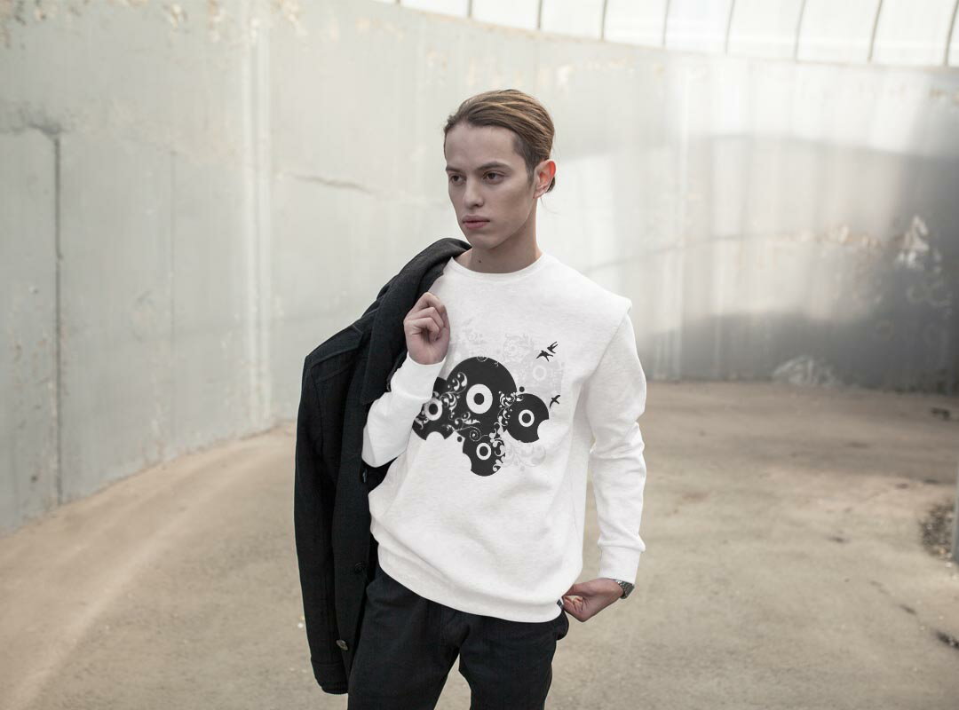 トレーナー メンズ 長袖 ホワイト グレー ブラック デザイン S M L XL 2XL sweatshirt　trainer　白　黒　灰色　スウェット 013186 モノトーン　鳥　つた