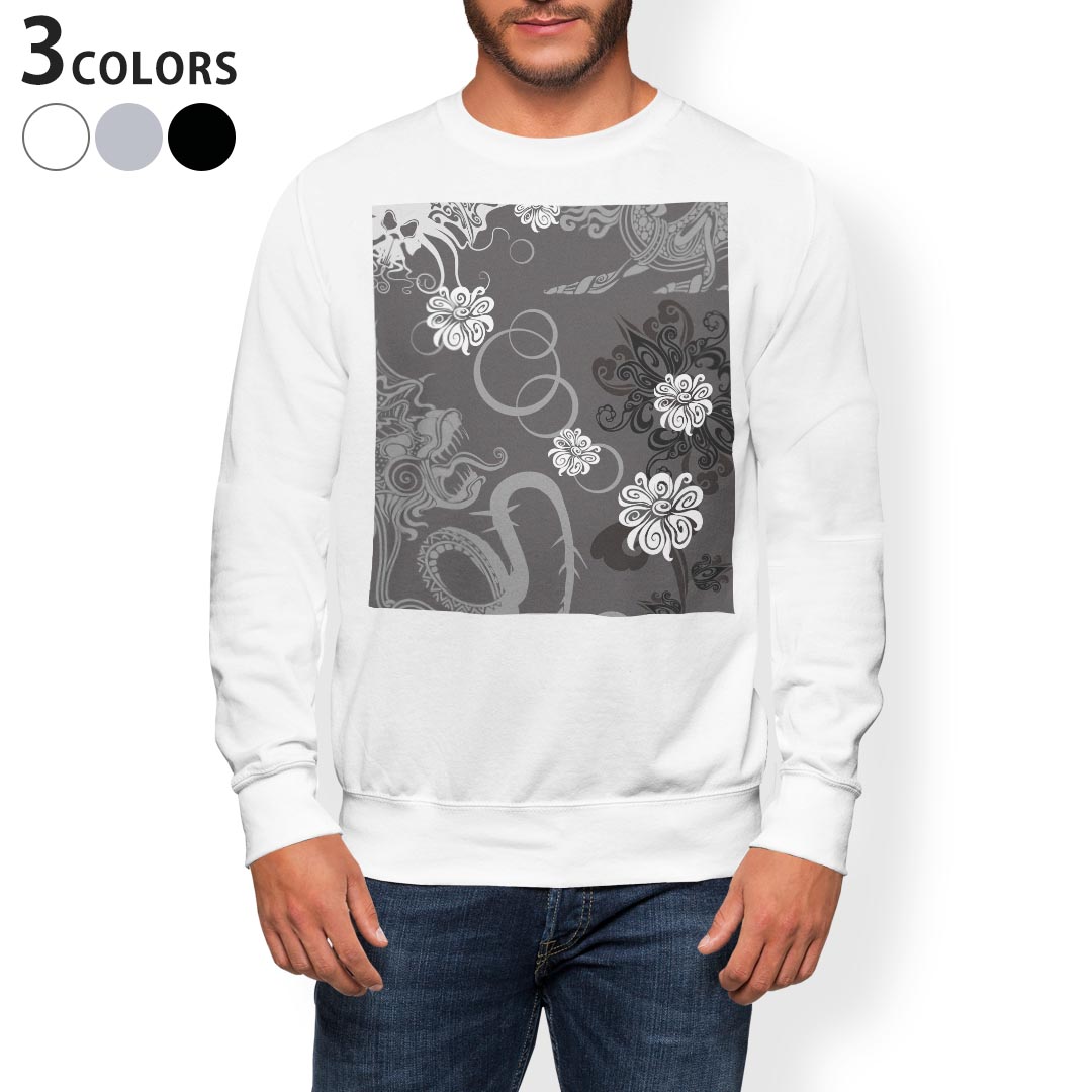 トレーナー メンズ 長袖 ホワイト グレー ブラック デザイン XS S M L XL 2XL sweatshirt　trainer　白　黒　灰色　スウェット 003904 模様　エレガント　黒(4)